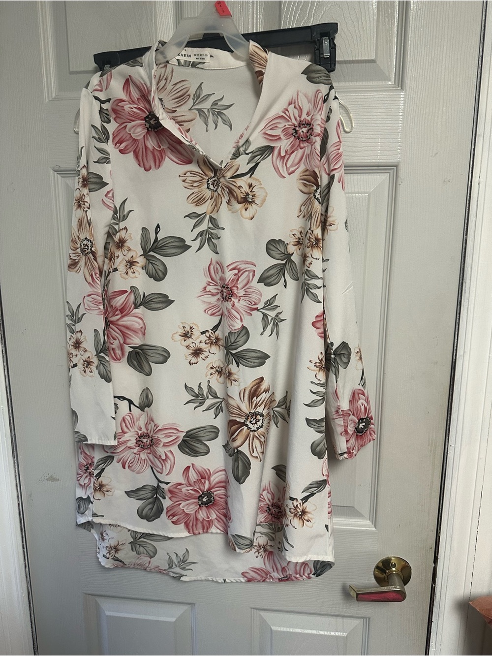 SHEIN Cream Floral V-Neck Top with Pink and Gray Blooms